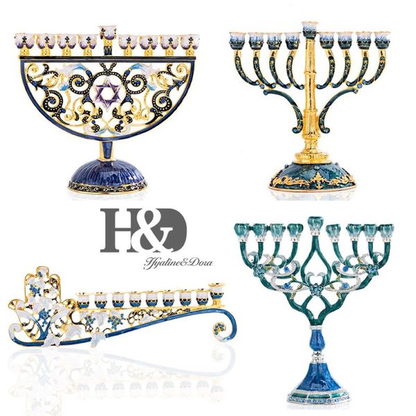 HD handbemalter Emaille-Blumen-Chanukka-Menorah-Kerzenständer mit 9 Zweigen, verziert mit Kristallen, Davidstern Hamsa269h