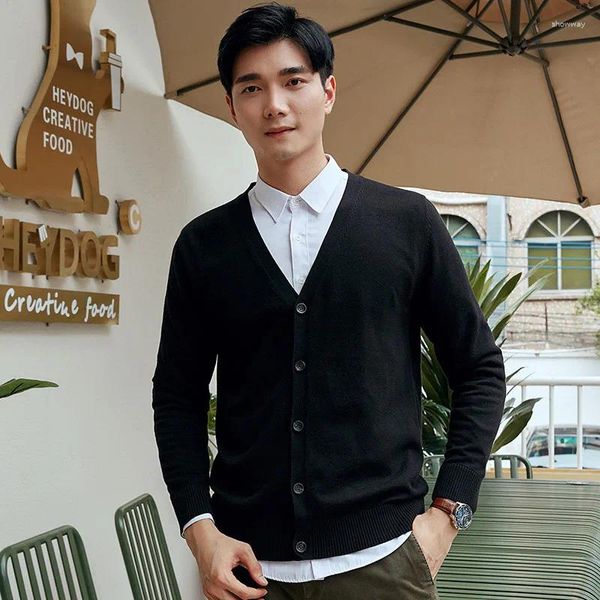 Suéter masculino de algodão masculino, cardigã coreano moda tricotada suéter tops primavera outono decote em v malha homem cardigans malhas roupas