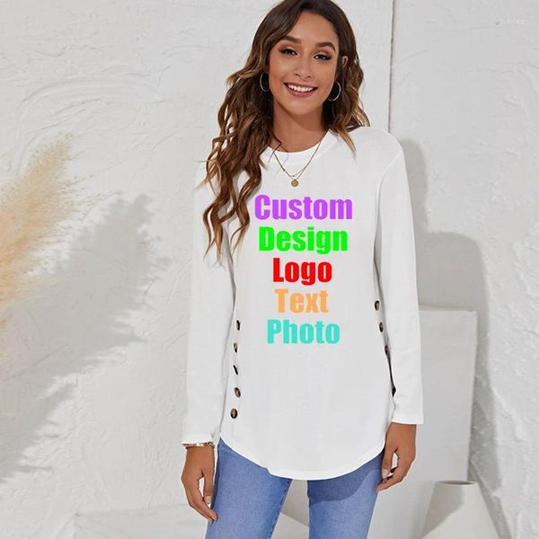 Camiseta feminina outono em torno do pescoço casual simples botão manga longa camiseta logotipo personalizado