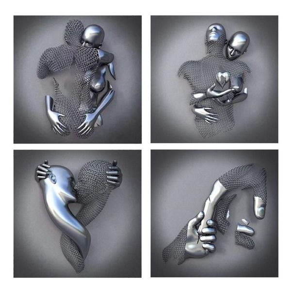 Resimler Resimler 4pcs Aşk Kalp 3D Efekt Duvar Art Soyut Metal Figür Heykel Sanat Tuval Resim 19 7 inç Modern Ev Deco231Z