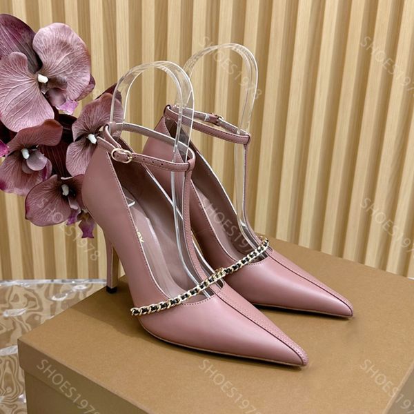 Tasarımcıların ayakkabıları için en kaliteli inek derisi altın zincirleri zarif sivri ayak parmakları Roma pompaları 10 cm yüksekliğinde kadınlar elbise ayakkabı 35-41 kutu