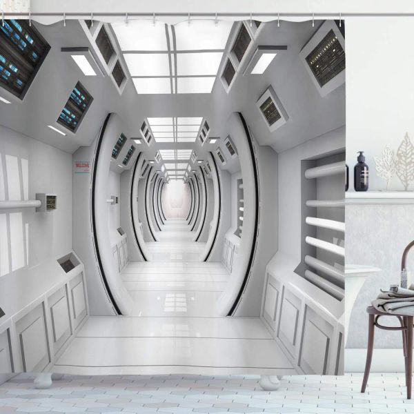 Cortinas espaço exterior cortina de chuveiro estação nave espacial sala controle elemento ficção científica estação destaque cortinas do banheiro ganchos