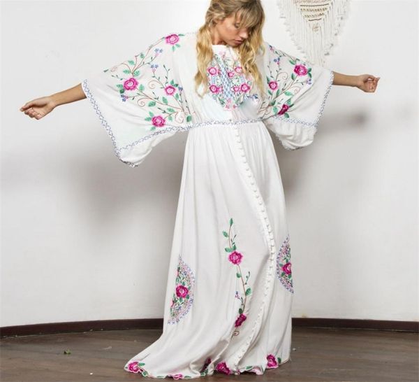 Beyaz pamuk çiçek işlemeli maxi elbise kadınlar vintage on sırtsız yaz elbiseler gevşek gündelik plaj boho vestidos 2105104380432