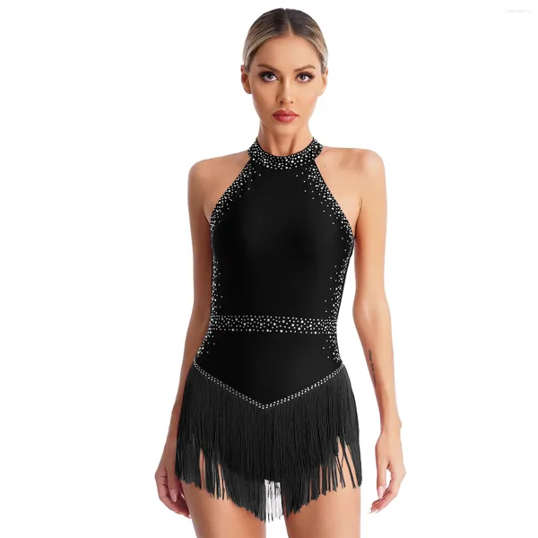 Bühnenkleidung Damen Quaste Glänzender Gymnastikanzug Neckholder Ärmellos Fransen Bodysuit Lateinischer Tango Salsa Jazz Kostüm Rückenfrei