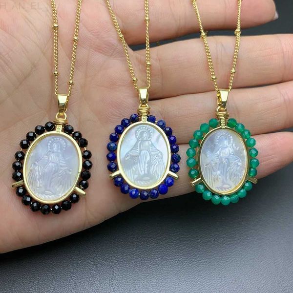 Outros grânulos de pedra natural Sea Shell Santa Virgem Maria Colar Mulheres Lapis Lazuli Medalha Pingente Religião Jóias Para O Dia das Mães L24313