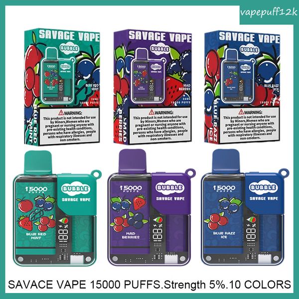 Подлинный оригинальный Savage Bubble 15000 Puff 15k Poco Vape Одноразовые заводские вейпы 28 мл Китай Блокировка от детей Встроенный интеллектуальный дисплей Перезаряжаемая батарея 650 мАч