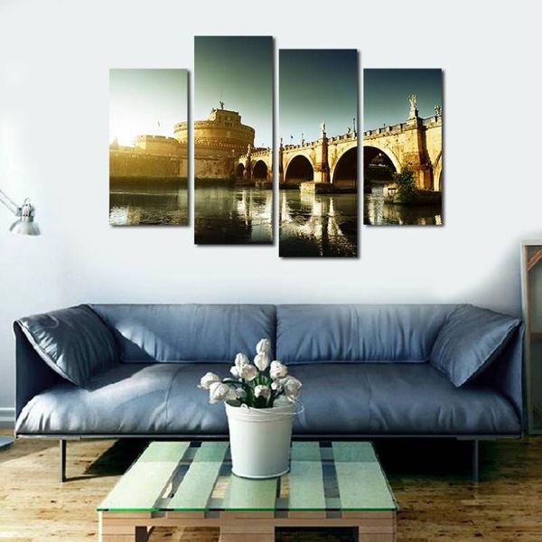 4-teiliges Set, ungerahmt, HD-Druck auf Leinwand, Engelsburg und Tiber, Wandkunstbild für Heim- und Wohnzimmerdekoration, 245 l