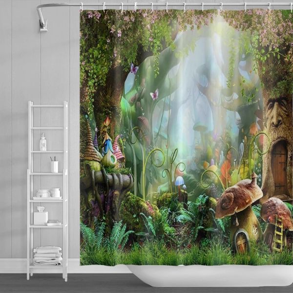 Cortinas Fantasia Cogumelo Jardim Cortina de Chuveiro Fada Floresta Árvore Painel Gótico Selva Rio Trippy Decoração de Banheiro Conjunto de Tecido Poliéster