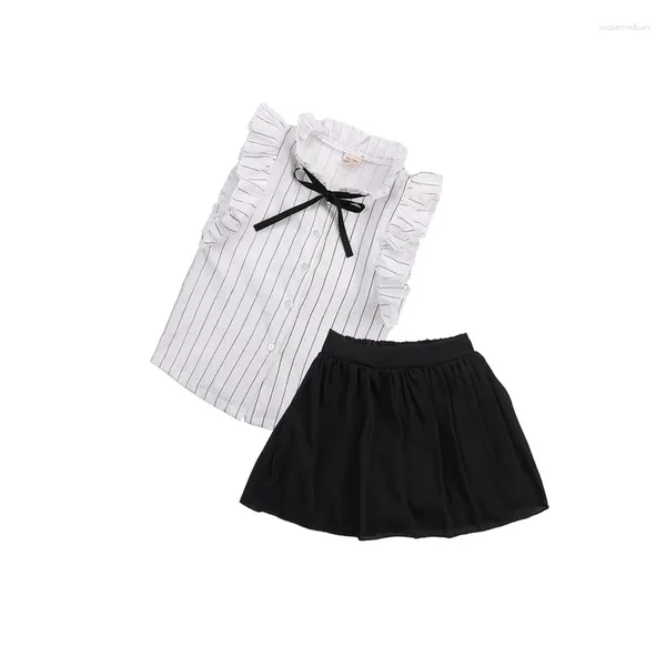 Conjuntos de roupas 2024 2-7y bonito formal nascido bebê menina princesa sem mangas turn-down colarinho único breasted listrado camisa tops saia preta 2pcs