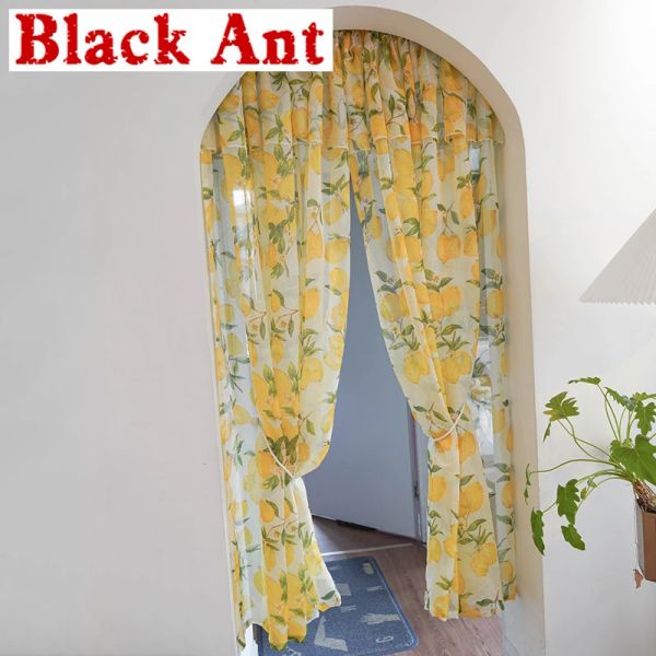 Cortinas amarelo limão dupla camada plissado tule pequena janela para sala de estar cozinha meia cortina design frutas cortinas rideaux