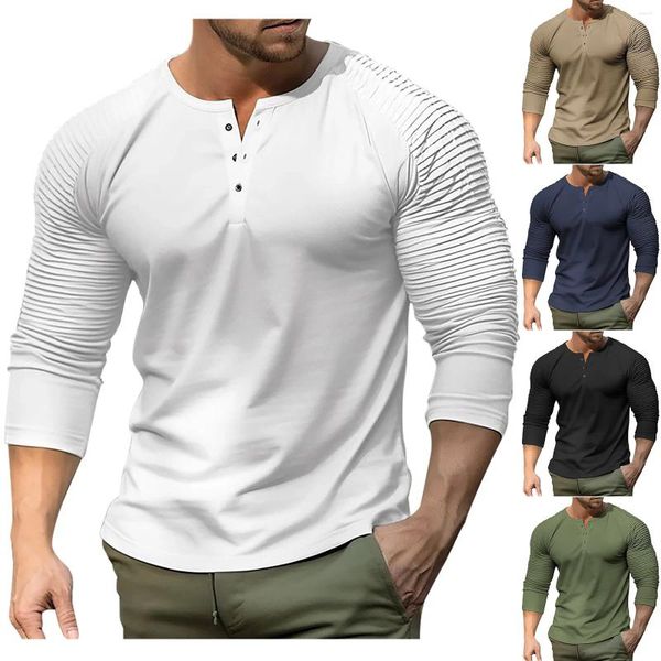 T-shirt da uomo T-shirt tinta unita girocollo Top a maniche lunghe con maniche raglan a pieghe Camicia giovanile tipo slim Ropa Hombre