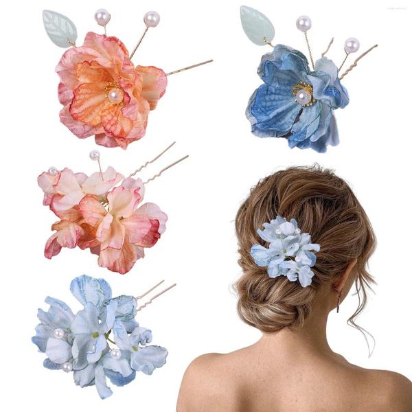 Kopfbedeckungen, 4 Stück, Blumen-Haarnadeln, rosa Set, verziert mit Perlen, wunderschöne Blumenstücke, Dekor