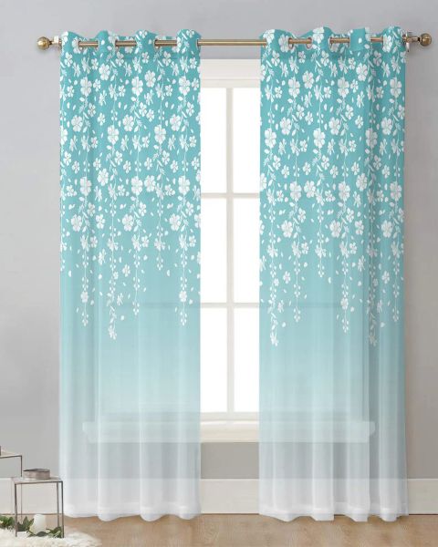 Cortinas teal flor tule sala de estar decoração transparente cortinas quarto cozinha voile chiffon