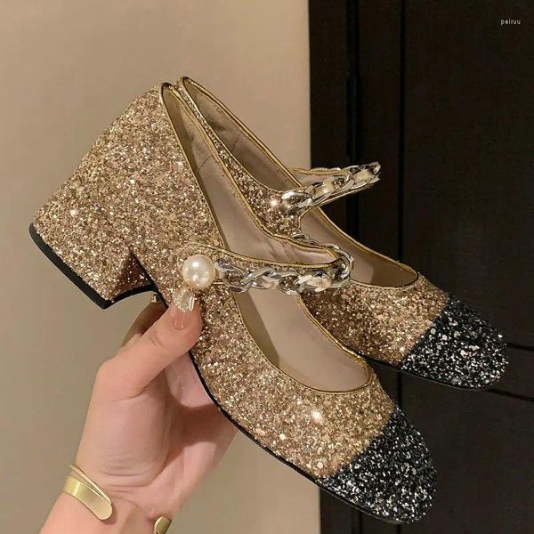 Scarpe eleganti Scarpe dorate con paillettes glitterate in tessuto con paillettes Bling Party Girls Designer di lusso Donna Mary Jane Décolleté con soletta in vera pelle