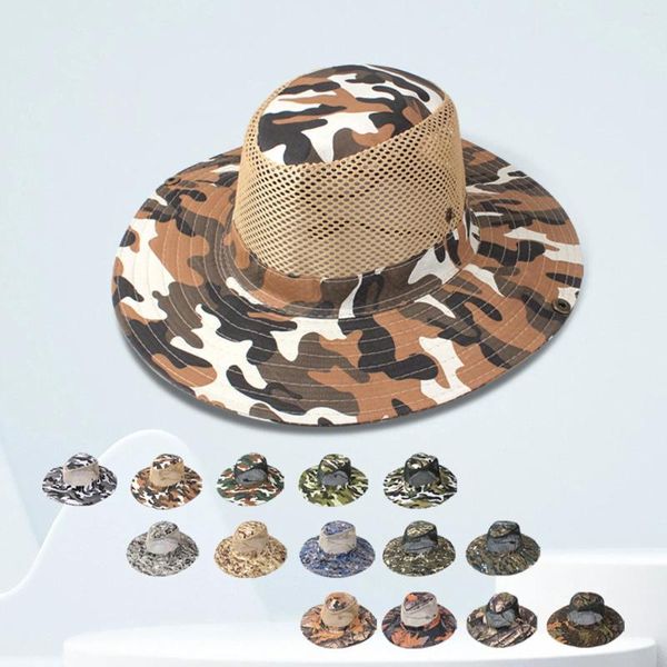 Ampla borda chapéus verão pesca sol chapéu ao ar livre camuflagem balde elegante dínamo duplo