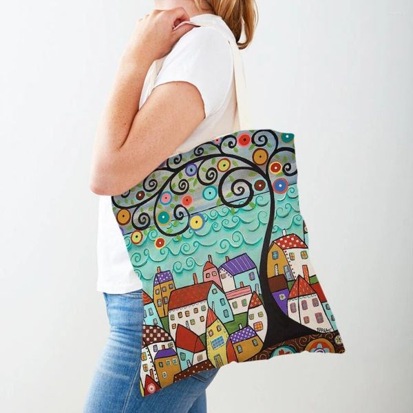 Sacos de compras retro cor rural cidades pintura shopper bolsa bolsa ambos os lados dos desenhos animados casa tote casual senhora lona mulheres