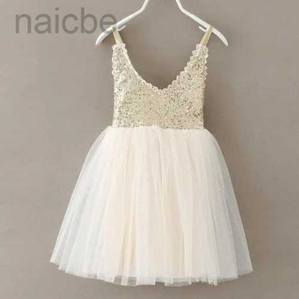 Mädchenkleider Süßes silbernes Paillettenkleid Kinder V-Ausschnitt Beige Glitzer Bling Träger Chiffonkleid Partykleider 1-7 Jahre ldd240313