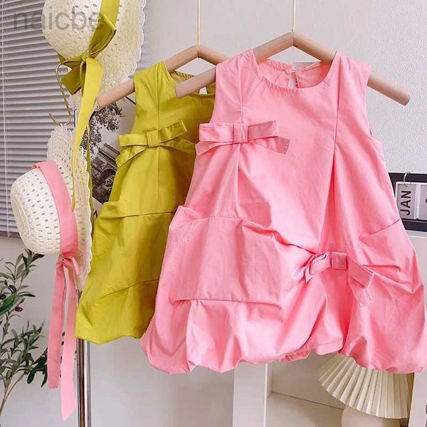 Mädchenkleider Sommer Neu Ärmellos O-Ausschnitt Schleife Rosa Grün Süßes Roupa Süßes Partykleid Custume 18M-7T ldd240313