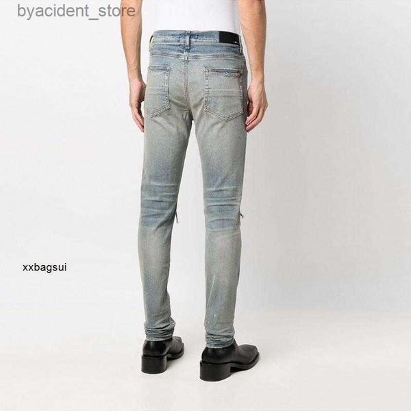 Мужские джинсы Дизайнерские джинсы Европейские и американские модные бренды Amirs High Street Mx1 Голубые состаренные пэчворк Мужские приталенные модные 2pqxh L240313