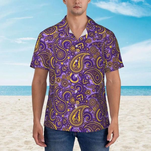 Camisas casuais masculinas vintage paisley havaí camisa homem férias roxo brilho impressão mangas curtas respirável blusas oversize
