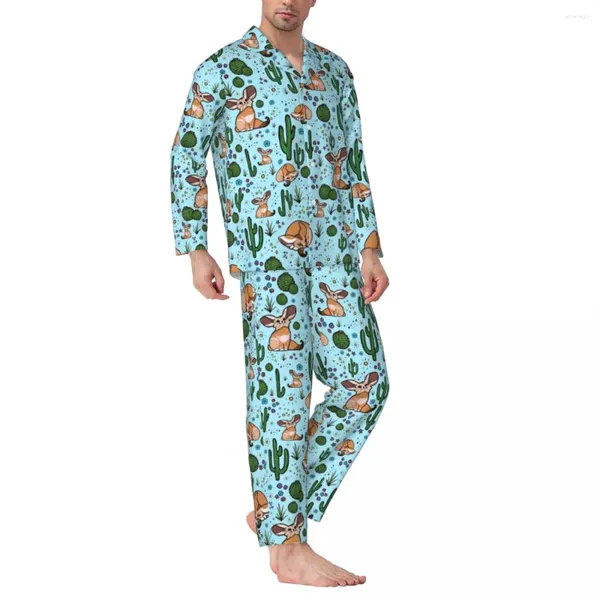 Erkekler Sweetwear Sevimli Fennec Pijama Setleri Kaktüs Çöl Baskı Erkek Uzun Kollu Retro Uyku İki Parça Nightwear Büyük Boyut XL 2XL