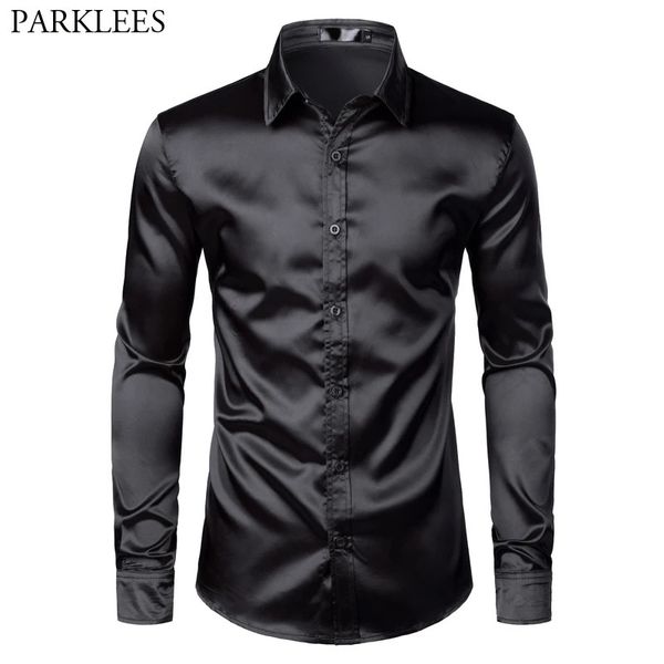 Mens Preto Cetim Vestido de Luxo Camisas De Seda Suave Homens Smoking Camisa Slim Fit Festa de Casamento Prom Casual Chemise Homme 240307