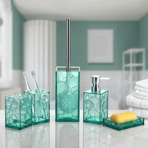 Titolari 5 Pz/set Accessori per il Bagno Set Portaspazzolino Bicchiere Dispenser per Lozioni Portasapone Scopino Set da Bagno in Acrilico