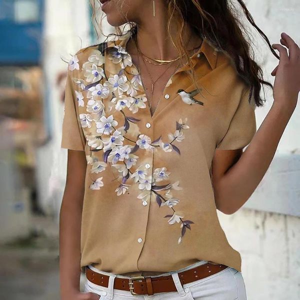 Blusas femininas camisas flor floral pássaro impressão 3d elegante mulher tops camisa de manga curta plus size botão moda feminina roupas