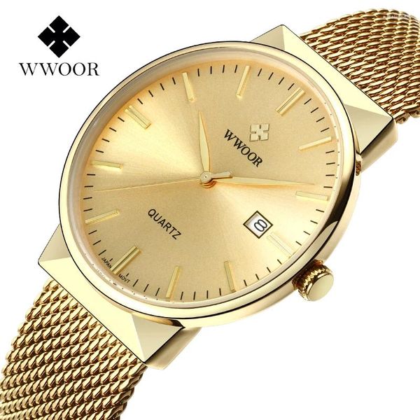 Armbanduhren Luxus Gold Herrenuhr WWOOR Mode für wasserdichte schlanke Edelstahl Mesh Herren Quarz Handgelenk Relogio Masculino