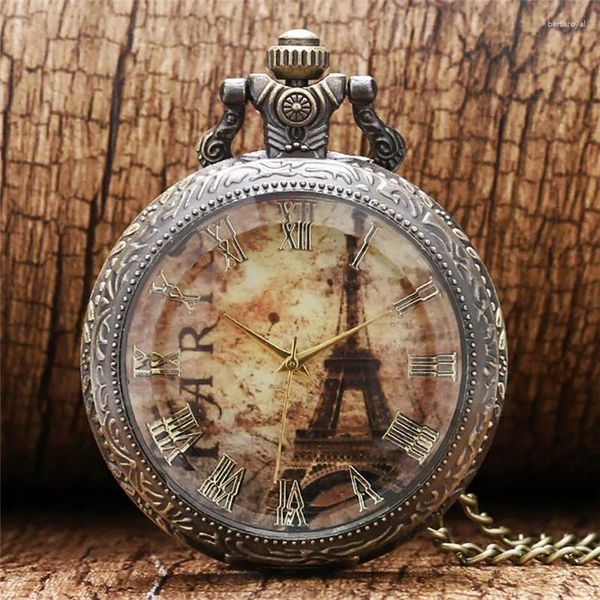 Relógios de bolso moda antiga torre eiffel dial transparente capa relógio colar corrente relógio de quartzo para homens mulheres exibição de número romano