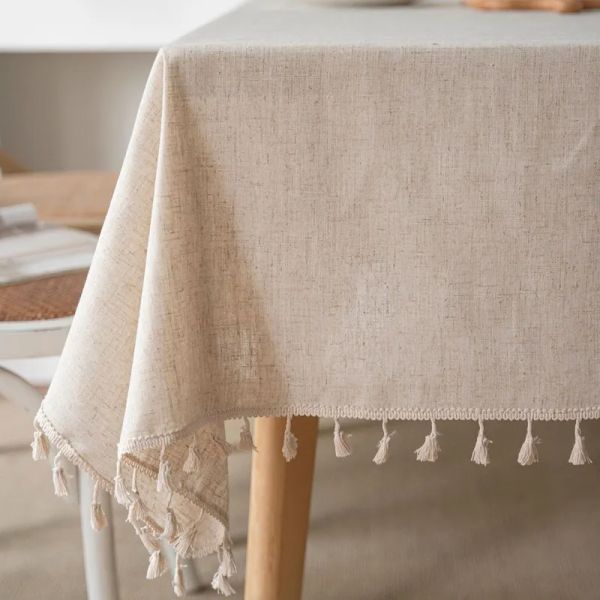 Imbottiture Tovaglia in nappa di lino in poliestere tinta unita in stile nordico Panno di copertura per tavolo da pranzo quadrato lavabile in lino con nodo di bambù semplice