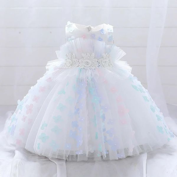 Weiß Rosa Baby Üppiges KleidKleinkind Mädchen Blumen Taufkleid Für 1 Jahr Geburtstagsfeier Hochzeit Prinzessin Kleid Kinderkleidung 240307