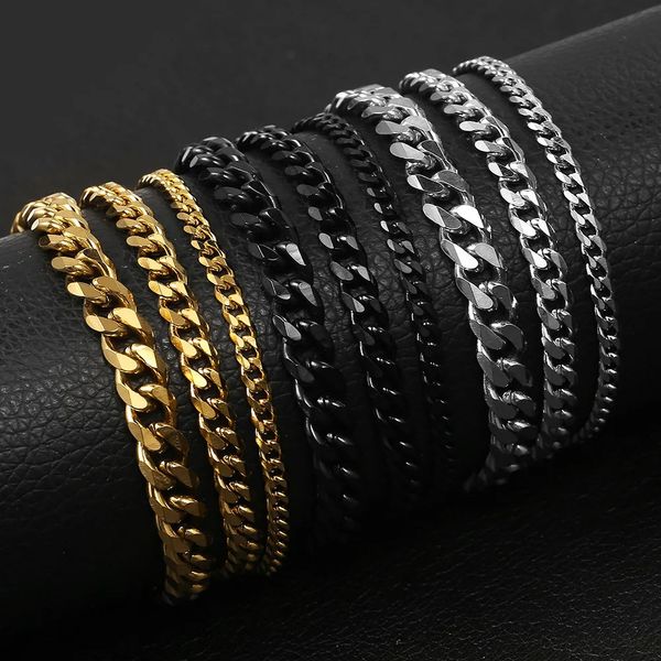 357911 mm breite Panzerketten-Armbänder mit kubanischen Gliedern für Männer und Frauen, massives Edelstahl-Schwarzgold-Farben-Metallarmband KBM03B 240227