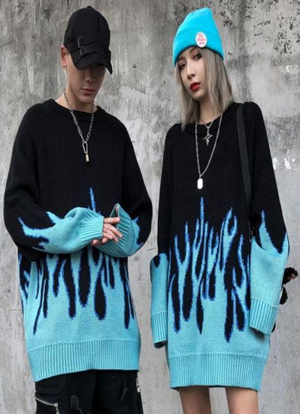 Pullover Pullover Männer Streetwear Blau Feuer Flamme Gestrickte Pullover Hip Hop Harajuku Tops Casual Paar Pullover Schwarz 2012037587264