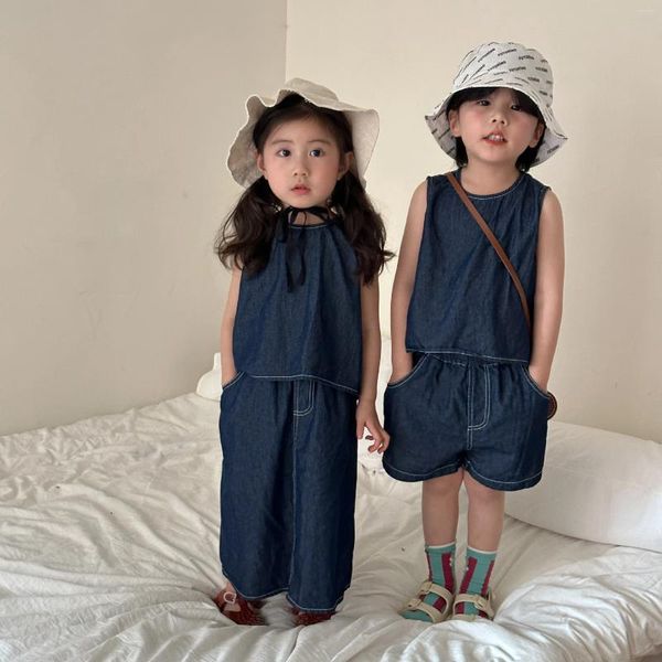 Conjuntos de roupas crianças verão denim conjunto 2024 criança meninos colete shorts terno meninas saias longas irmão irmãs roupas casuais outfits