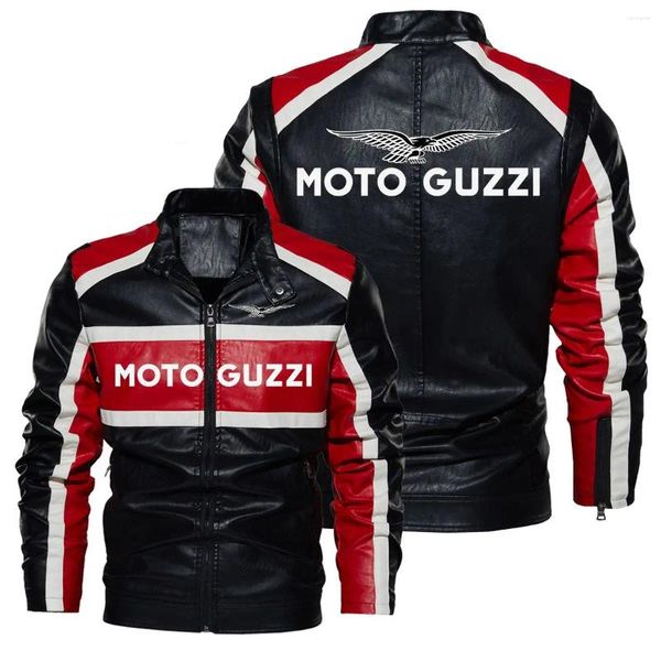 Giacche da uomo Moto Guzzi Giacca in pelle PU a contrasto Autunno Inverno Uomo Cappotto di alta qualità Stile motociclista Casual Nero Caldo O