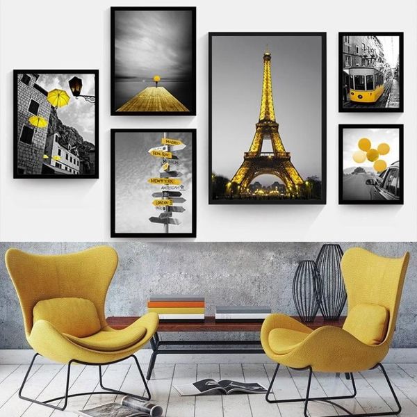 Imagem de cenário estilo amarelo, decoração de casa, pintura em tela nórdica, arte de parede, cenário preto e branco, paisagem para sala de estar13209