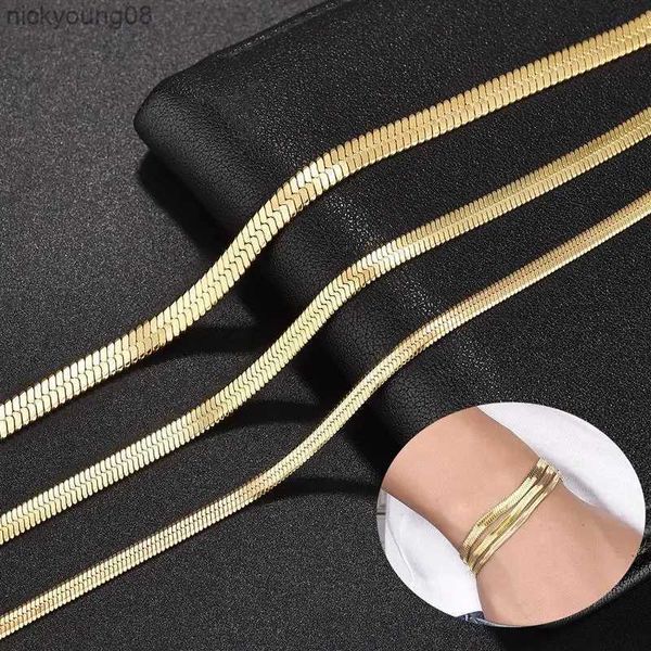 Armreif 3/4/5 mm vergoldetes Edelstahl-Flacharmband, wasserdichte, filmartige Schlangenkette für Männer und Frauen, klassische Armbänder, Schmuck, L2403