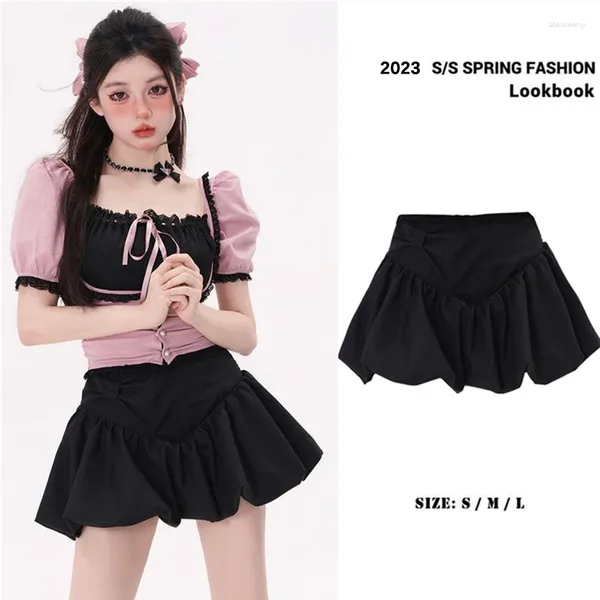 Arbeitskleider Sommer Outfits für Frauen 2024 Rosa Zweiteiler Set Rock Mädchen Spitze Spleißen Kurzarm Crop Top Korean Sexy Prom Y2k