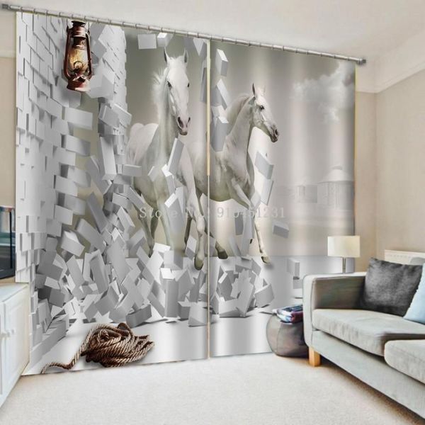 Cortina cortinas 3d po tamanho personalizado parede tijolo branco cavalo cortinas poliéster microfibra tecido para quarto sala de estar decor296b