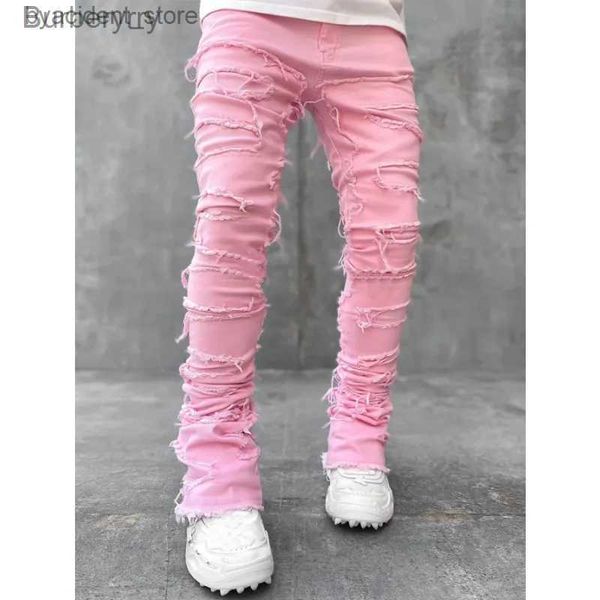 Jeans masculinos jeans masculinos jeans skinny franja hip-hop r borda elástica remendo punk rock longo apertado ajuste jeans empilhados calças jeans azul rosa streetwearl231011 l240313