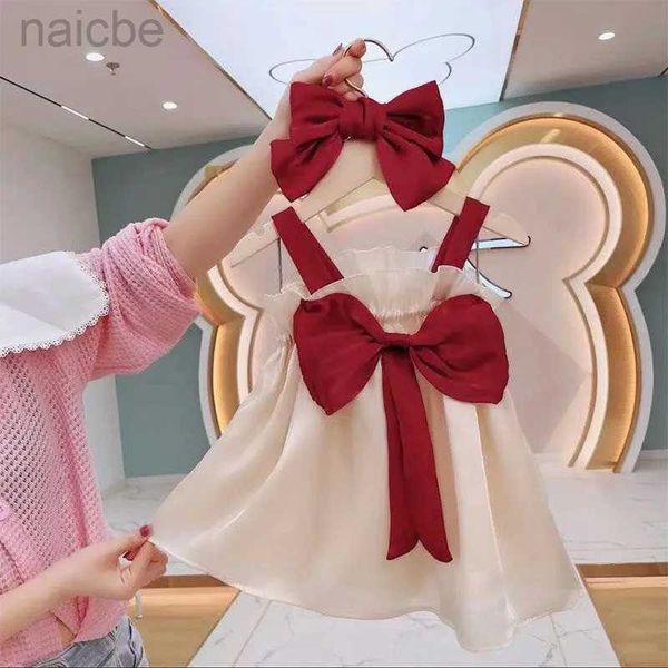 Kız Elbiseleri Çocuklar Bow Sling Elbise Yeni Prenses Yaz Elbiseleri Şarap Kırmızı Yelek Elbise Bebek Günlük Elbise 6m-7y LDD240313