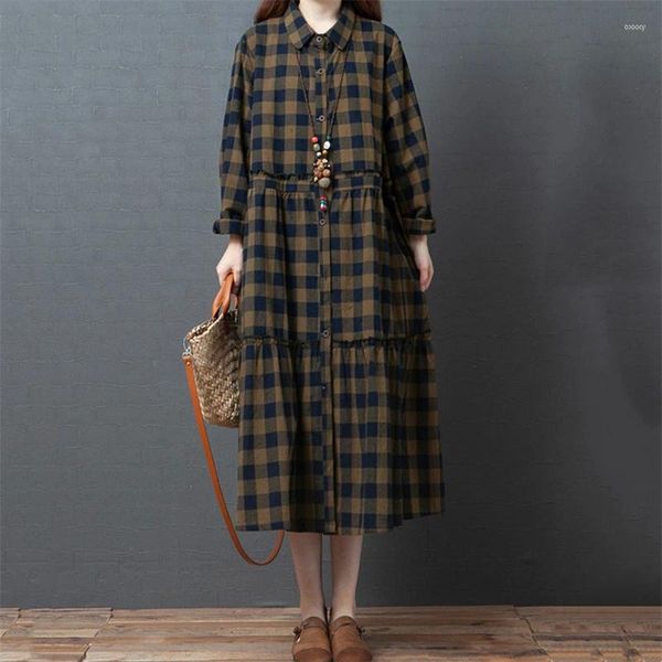 Casual Kleider Baumwolle Plaid Vintage Für Frauen 2024 Frühling Herbst Lange Koreanische Stil Mode Elegante Kleid Büro Dame Kleidung