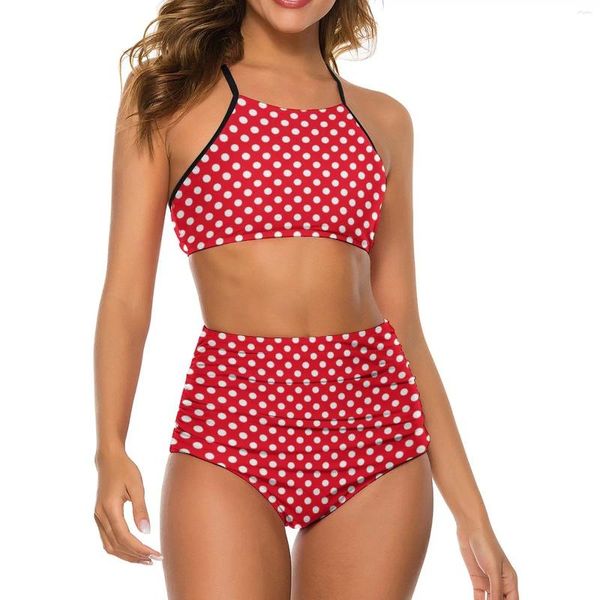 Kadın Mayo Kırmızı ve Beyaz Polka Dot Bikini Mayo Retro Baskı Yüksek Belli Kadın Seksi Zarif Bikinis Seti Push Up Baskılı Biquini