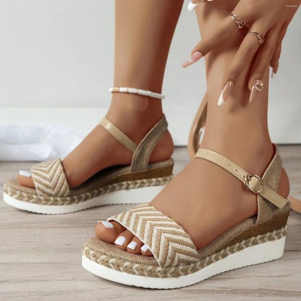 Sandálias Roman Plus Size Moda Verão Pano Sapatos Aberto Toe Buckle Wedge Heel Grass Bottom Women's 2024