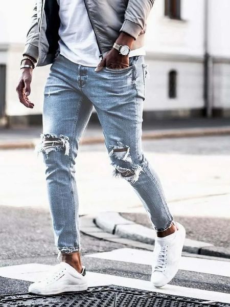 Homens jeans streetwear joelho rasgado magro hip hop moda estroyed buraco calças cor sólida masculino estiramento casual denim grandes calças 230226