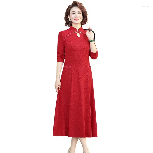Sıradan Elbiseler Bahar Sonbahar Vintage Kadın Giyim Zarif Jakard Qipao yaka A-line Uzun Kollu Elbise