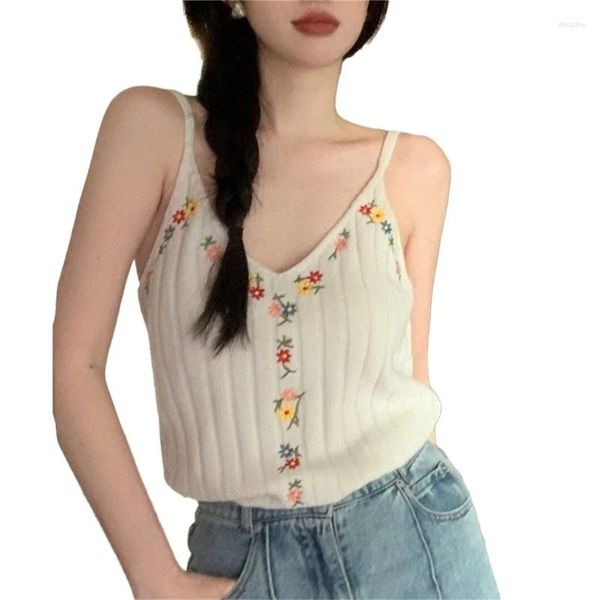 Frauen Tanks Frauen Sommer Stickerei Blume Ärmellose Pullover Top Sexy V-ausschnitt Dünne Schulter Riemen Gestrickte Leibchen Drop