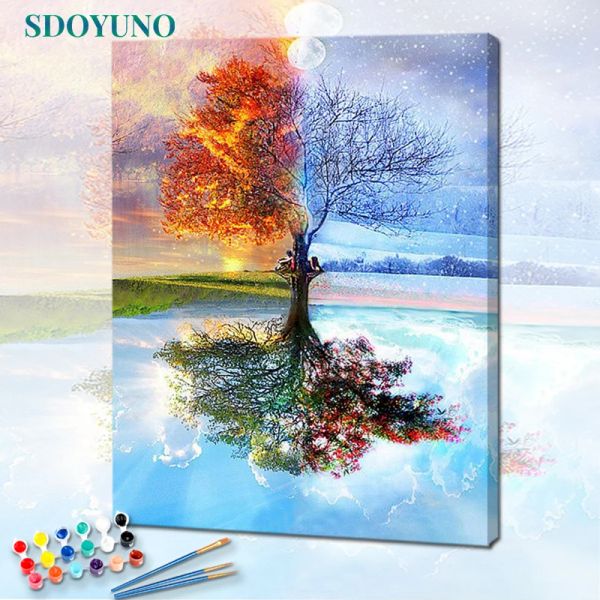 Caligrafia SDOYUNO 60x75cm Pintura por número Kits de pintura em tela Pintura sem moldura por números em tela DIY Quatro estações para colorir