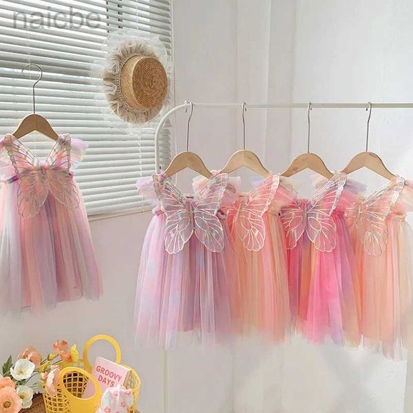 Vestidos da menina da criança do bebê verão vestido de princesa malha renda arco-íris vestido sem mangas asas de anjo vestido de fadas roupas ldd240313